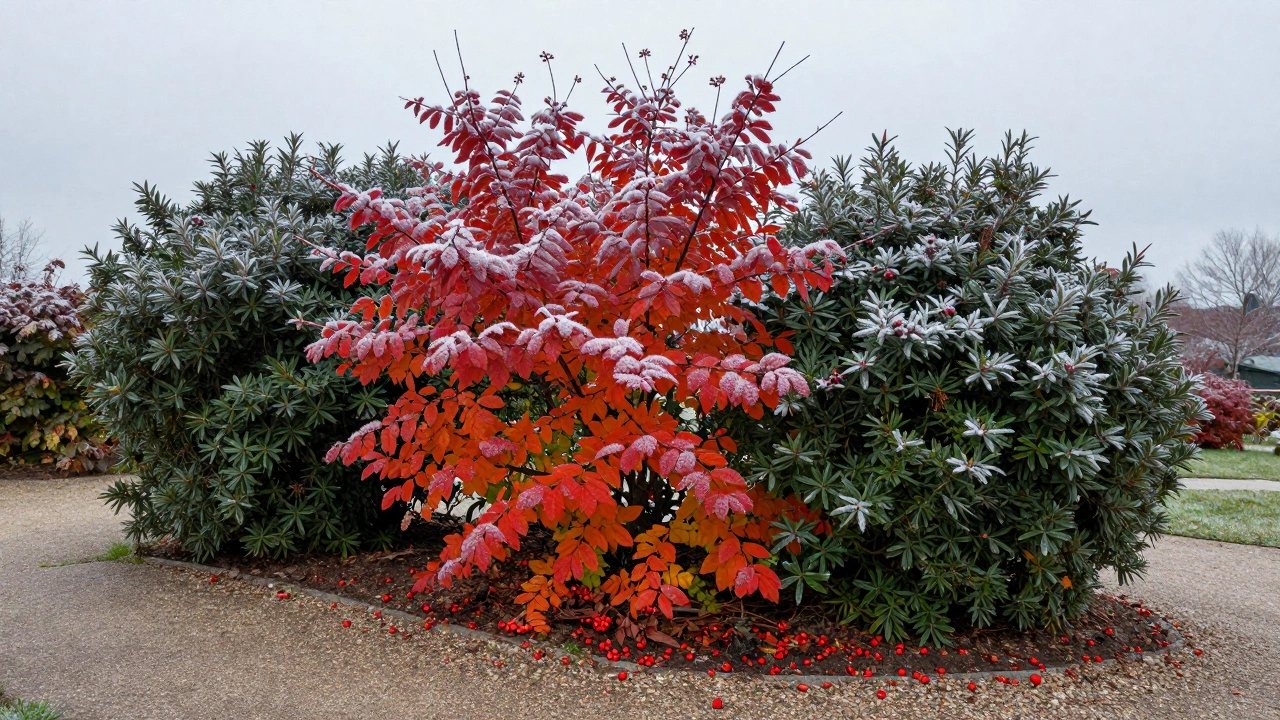 Яркий барбарис и кизильник осенью на гравийной дорожке под легким инеем.