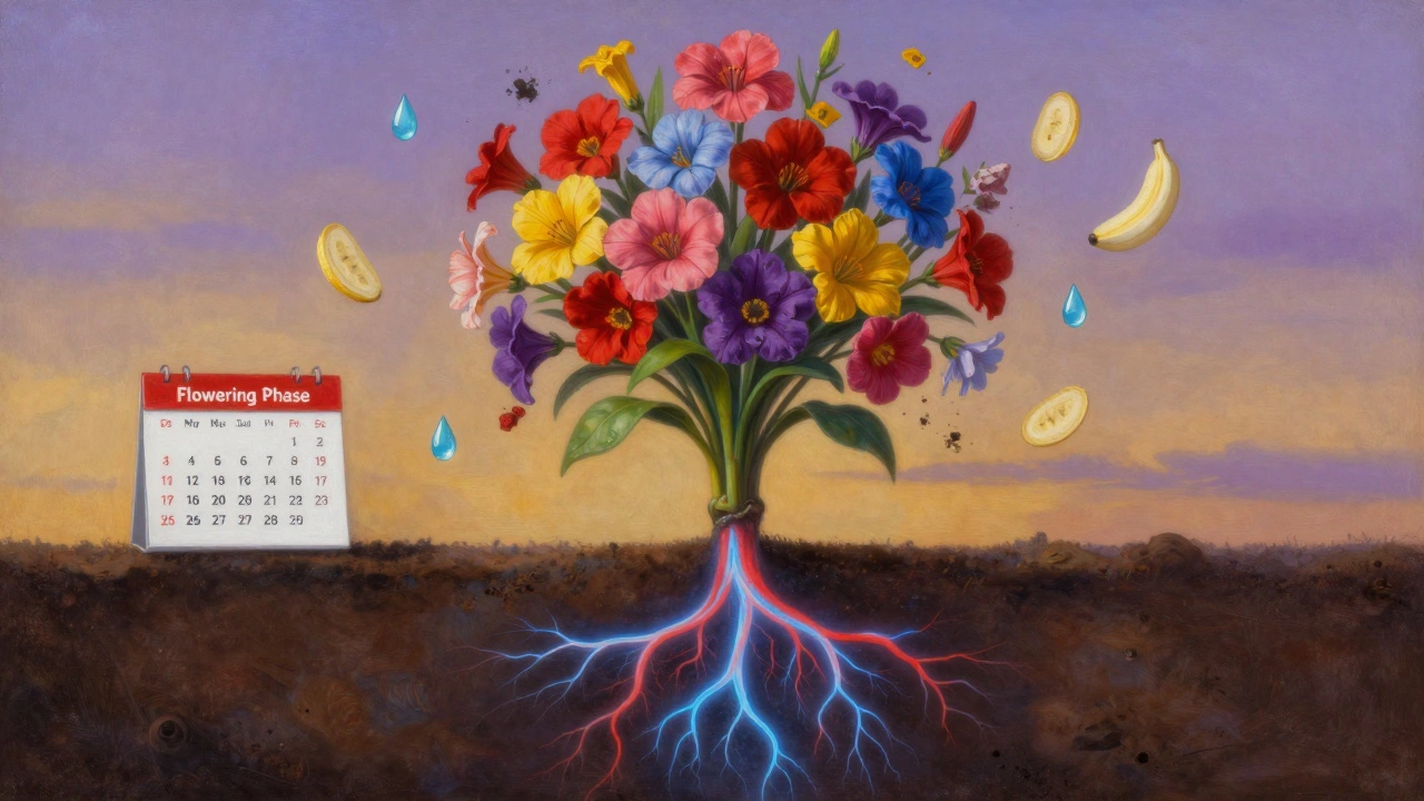 Цветущее растение с светящимися корнями, символизирующими фосфор и калий, в туманной атмосфере.