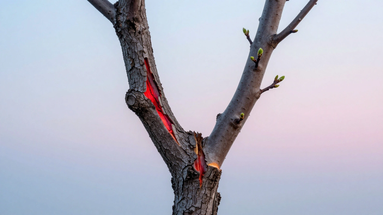 Дерево в двух состояниях: слева — повреждённое декабрьской обрезкой, справа — здоровое после весенней обрезки.