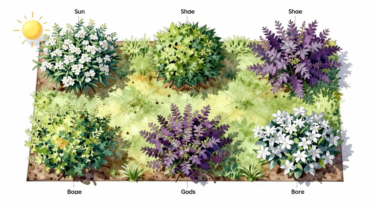 Композиция групп кустарников в саду с зонами солнца, тени и влажности, изображённая водяными красками.