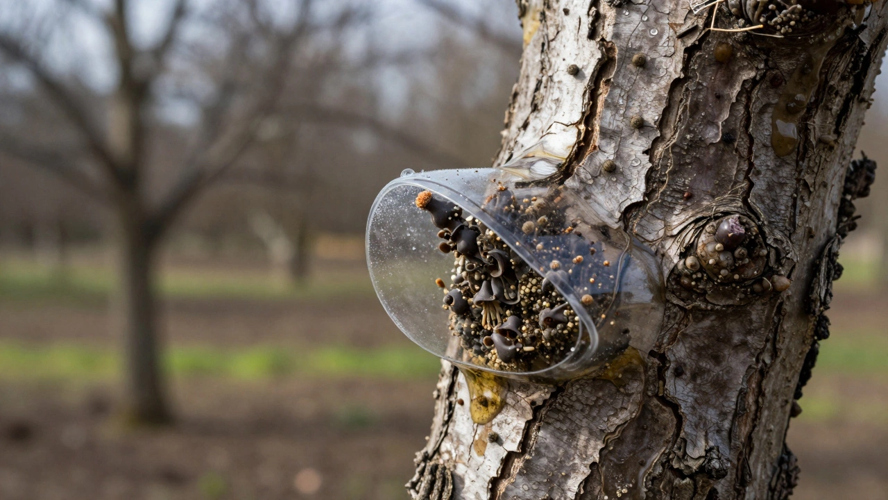 Крупный план трещины в коре яблони, покрытой защитной масляной пленкой от вредителей.