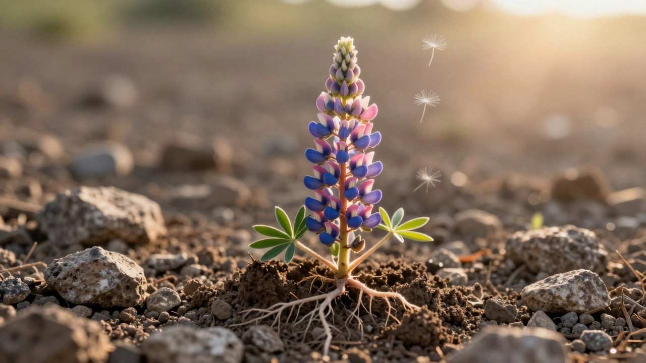 Люпин растет из каменистой почвы, его корни обогащают землю, свет сияет.