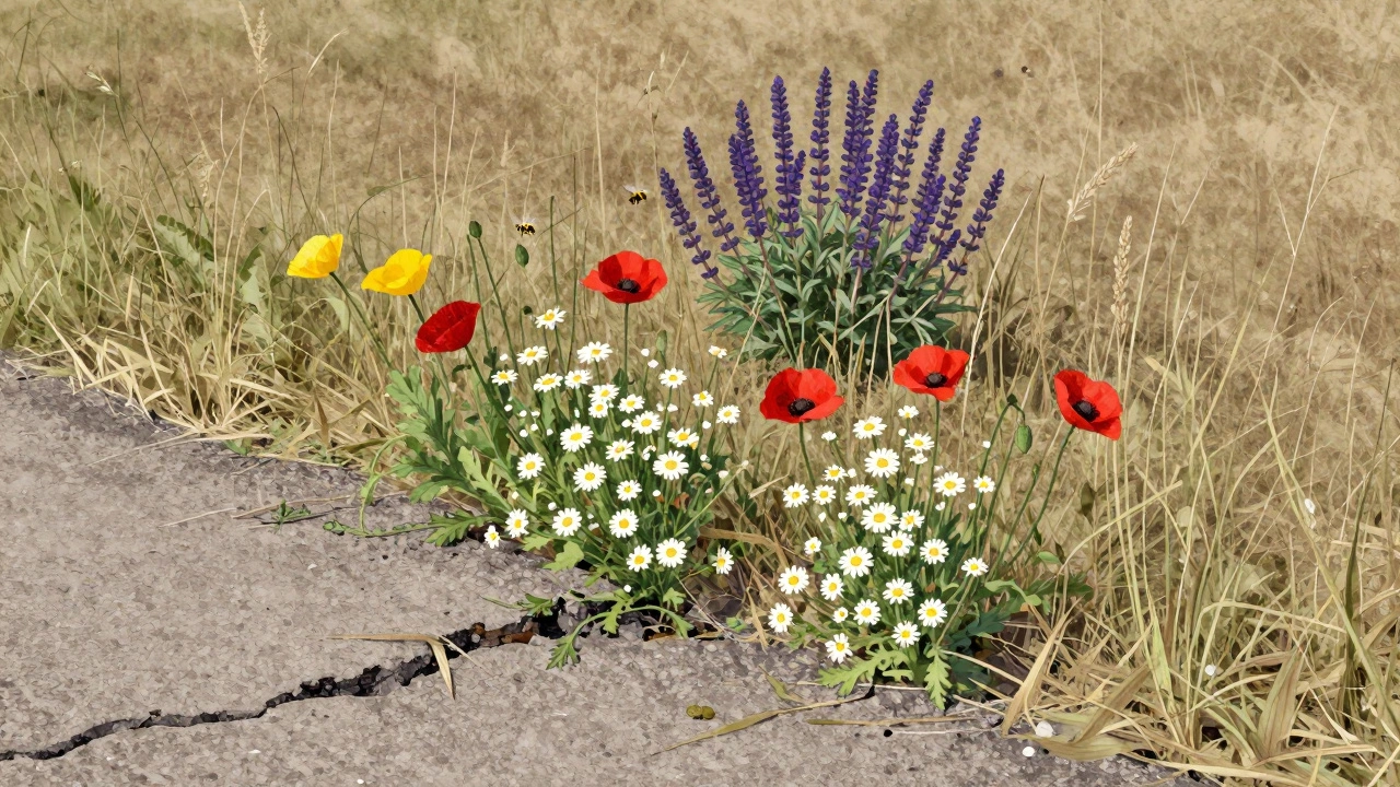 Маки и маргаритки растут между трещинами асфальта, пчелы на цветах.
