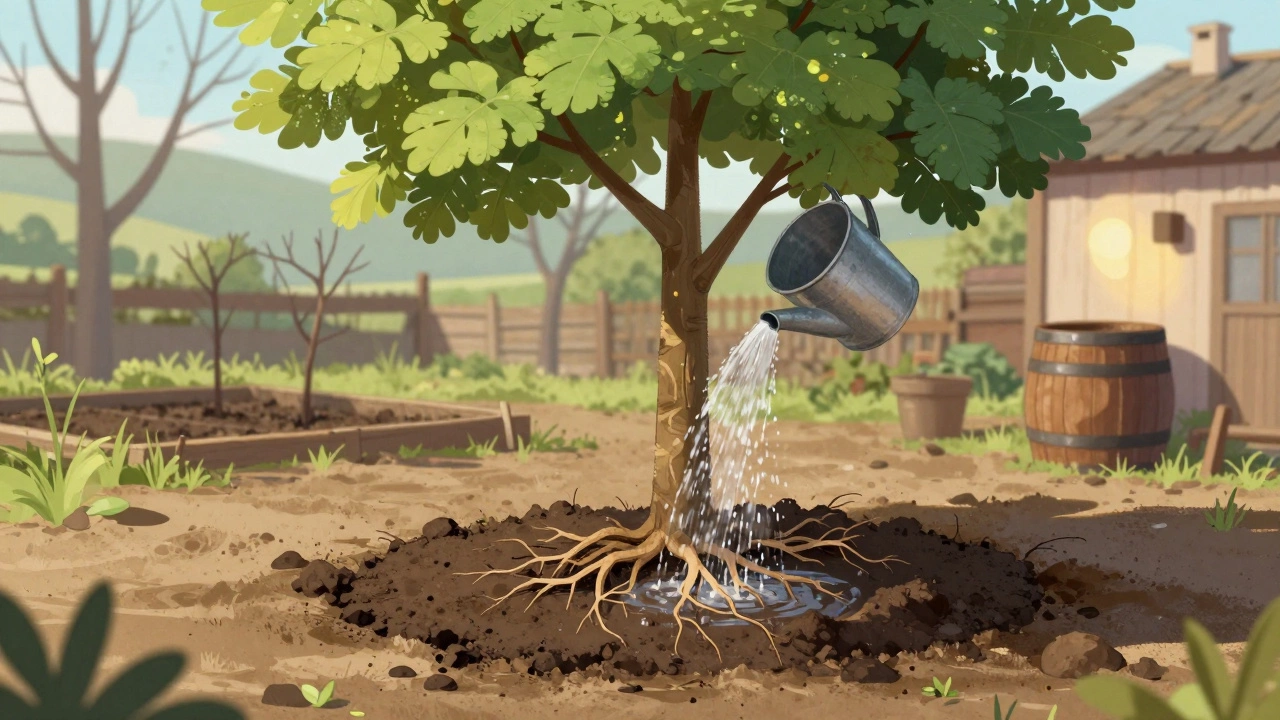 Медленный полив саженца в зоне кроны с помощью ведра с отверстиями.