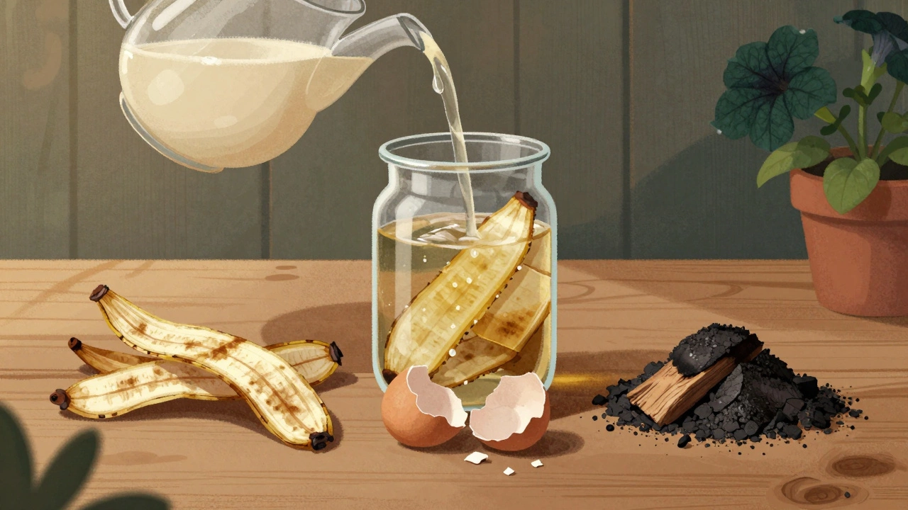 На деревянном столе лежат банановые корки, яичная скорлупа и зола рядом с банкой настойки.