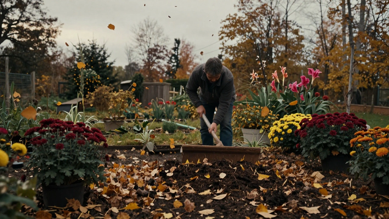 Осенний сад, компост разрыхляют вокруг хризантем под падающими листьями.