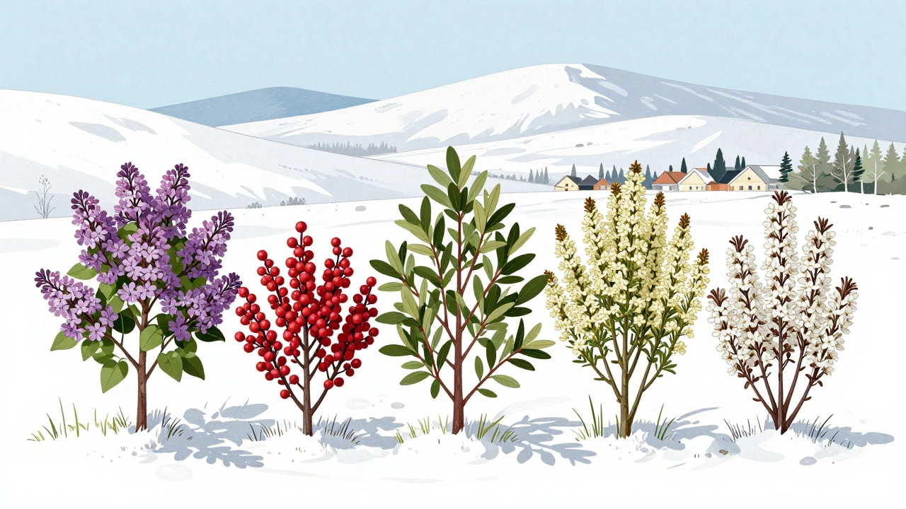 Пять выносливых кустарников России, растущих вместе на снежном холме с деревней на фоне.