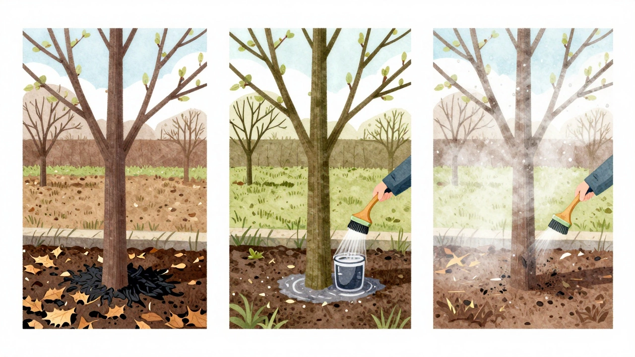 Последовательная обработка сада: очистка, медный купорос и масляная эмульсия на деревьях.