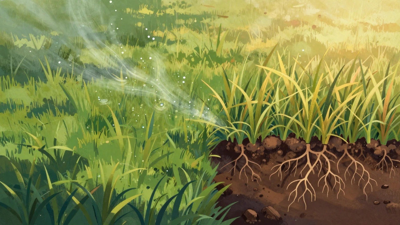 Разделённая сцена: повреждённая трава слева и здоровая — справа, символизирующая восстановление.