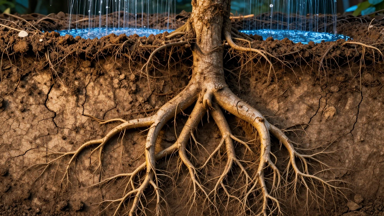 Разрез корневой системы дерева, показывающий, где на самом деле растут корни.