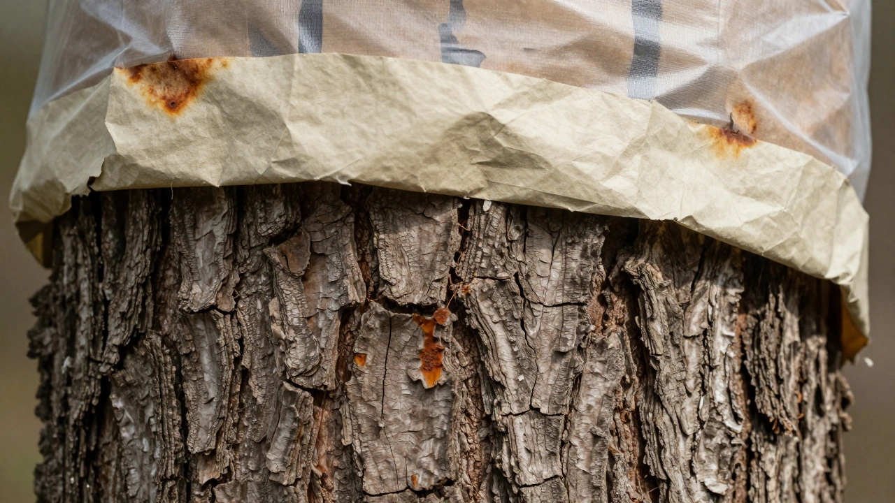 Разрезанный ствол дерева: старая повреждённая кора снизу, новые защитные слои сверху.