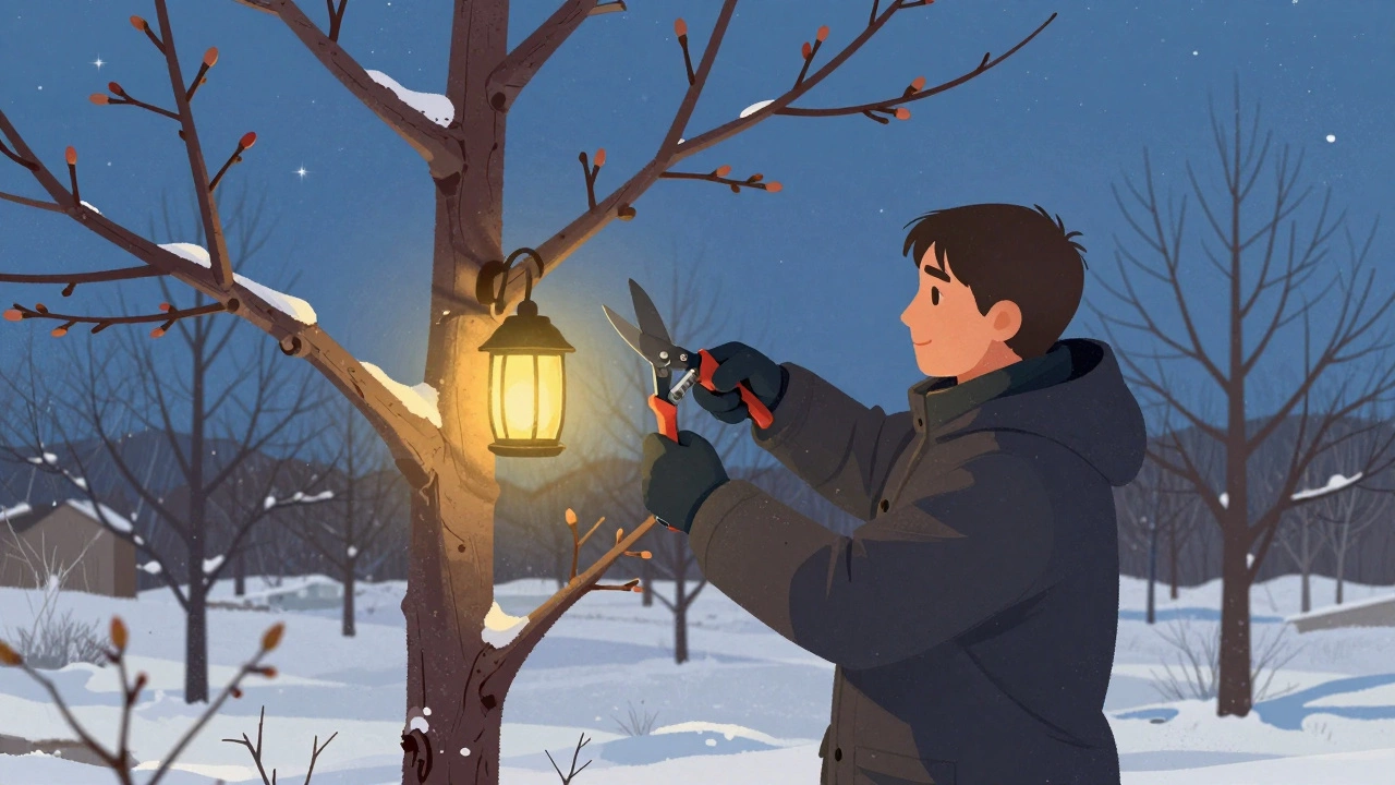 Садовник обрезает яблоню в конце февраля при стабильном морозе, снег вокруг, тёплый свет фонаря.