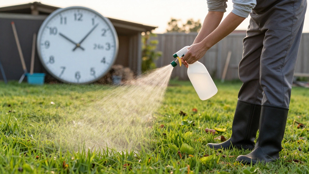 Садовник опрыскивает газон тонким туманом утром, без полива, с часами на фоне.