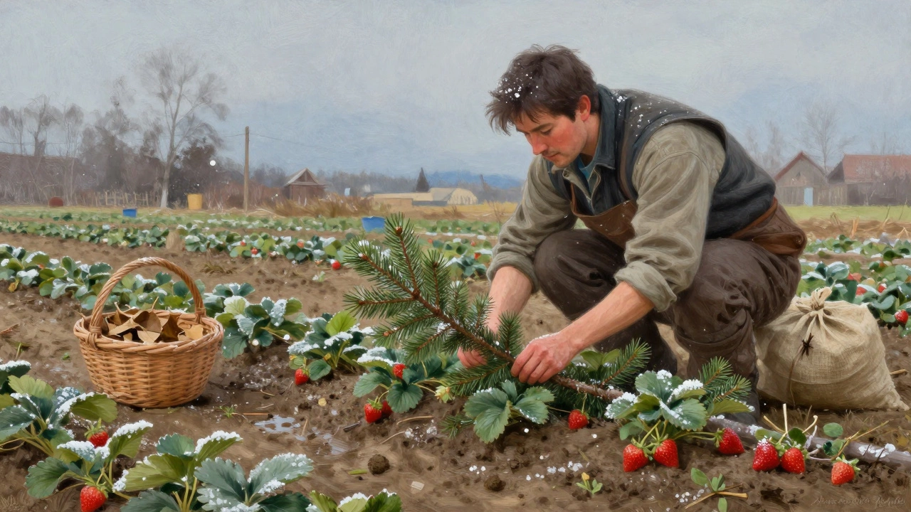 Садовник укладывает хвойный лапник над грядкой с клубникой в зимнем саду.