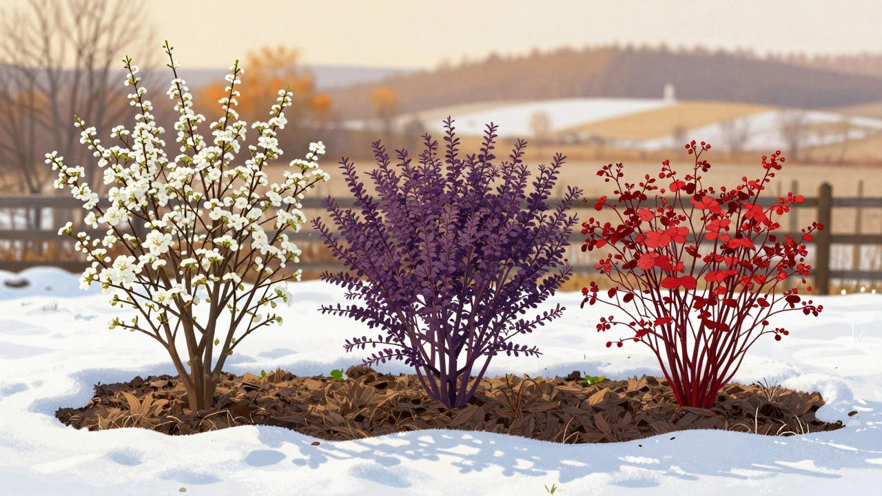 Смена сезонов на клумбе: весенние цветы, летняя листва и зимние красные ветки кизильника.