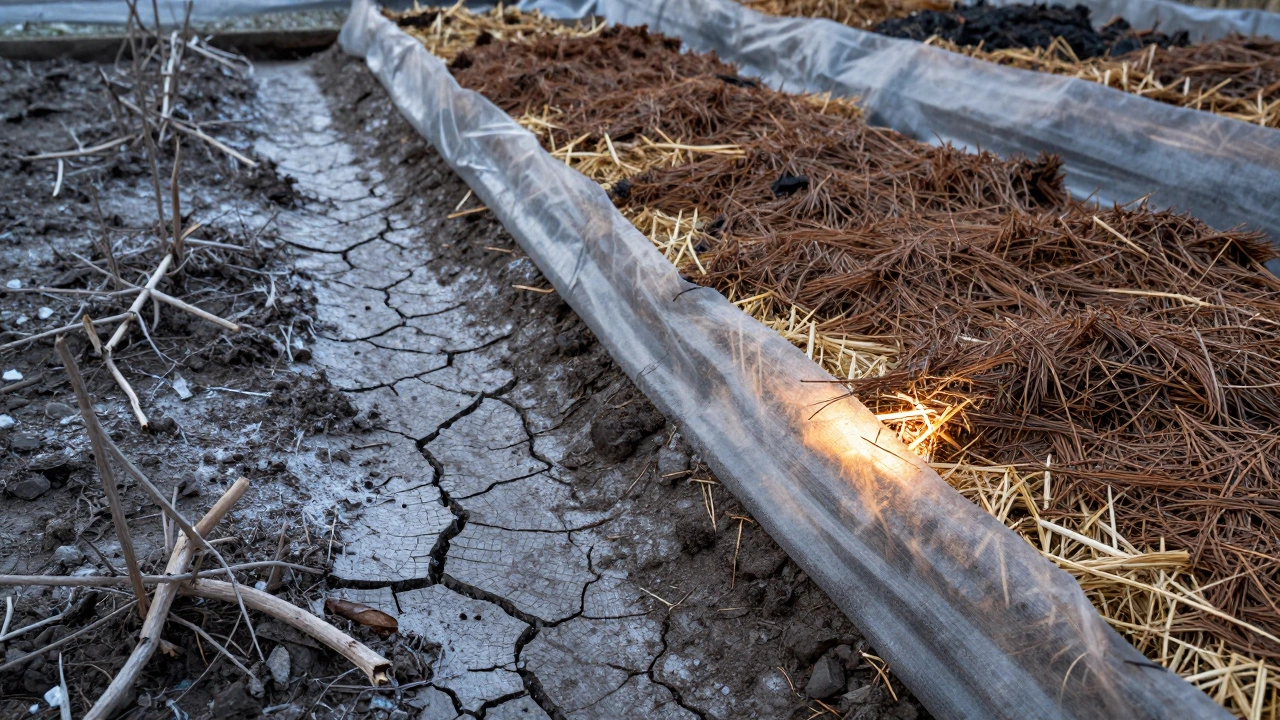 Сравнение: морозная беззащитная земля и утепленная грядка с мульчей.