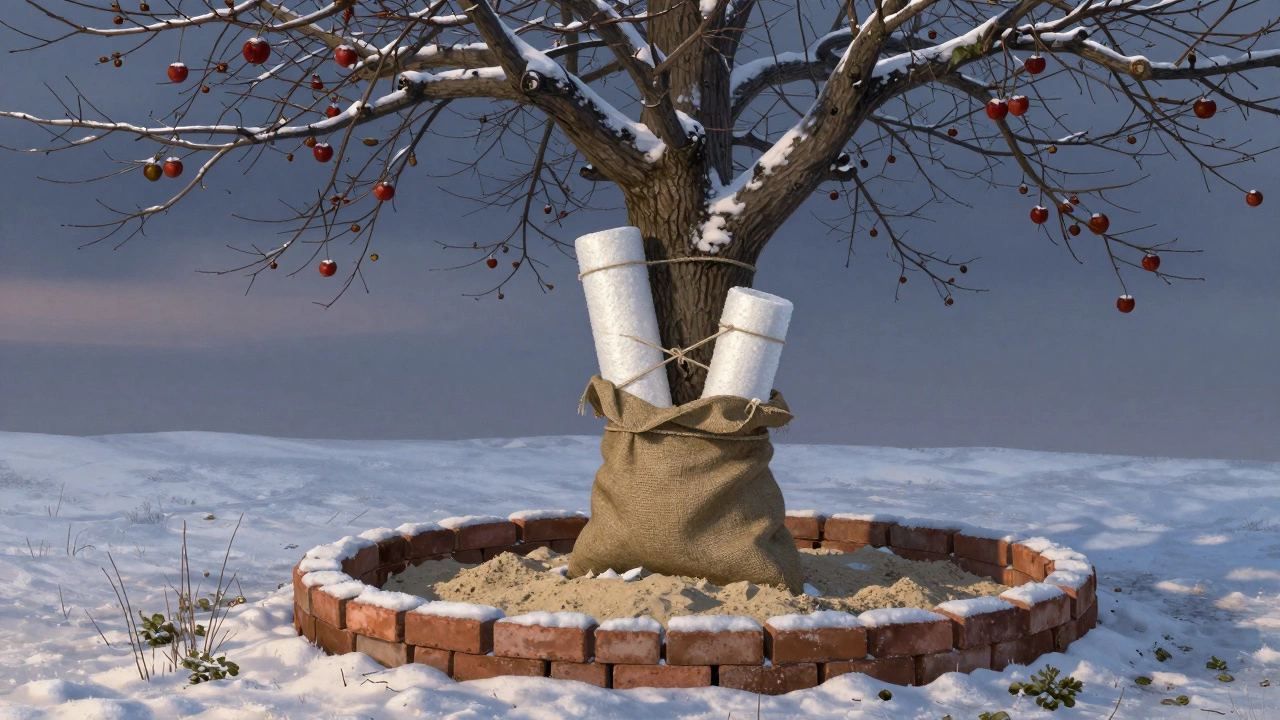 Ствол яблони, обернутый пенопластом и мешковиной, с кирпичами, наполненными песком, вокруг основания, легкий снег.