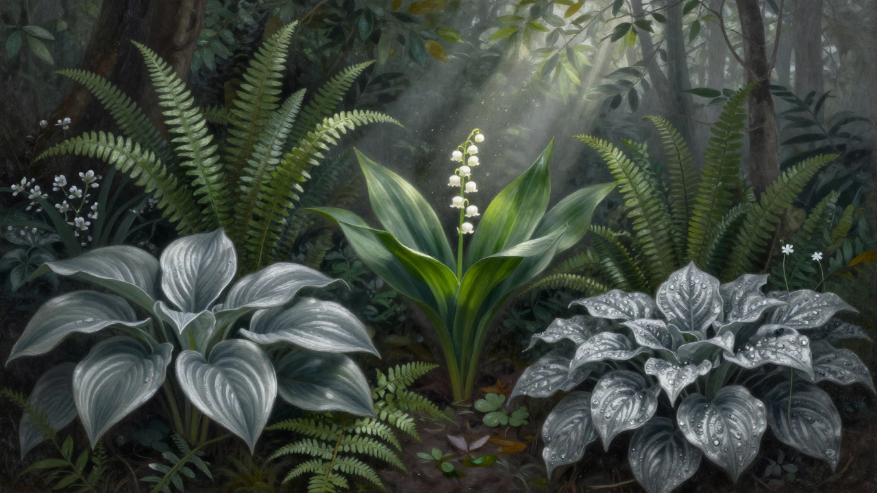 Абстрактная композиция теневыносливых растений в серо-зеленых тонах с одним белым цветком ландыша.
