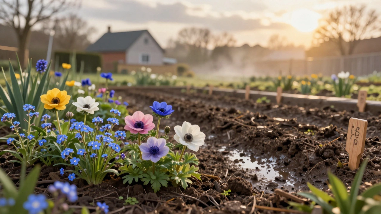 Цветущие анемоны, незабудки и васильки расцветают на прогретой южной грядке в конце февраля, на фоне тающего снега.