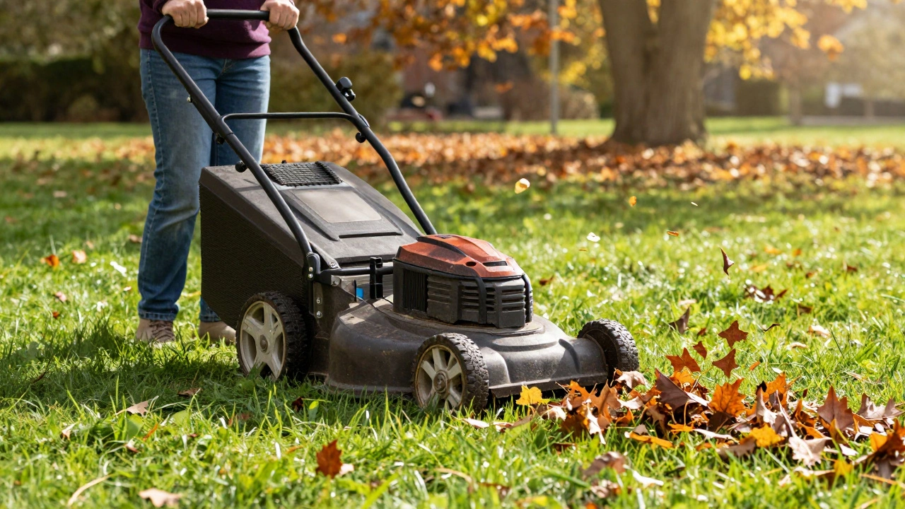 Газонокосилка с функцией измельчения равномерно распределяет раздробленные листья по траве.