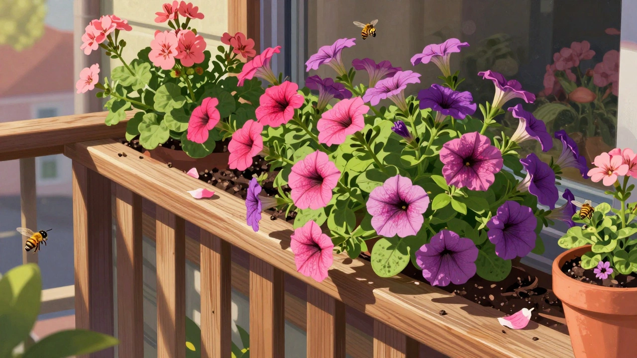 Кашпо с петуниями и пеларгониями на балконе, заполненное цветами и пчелами