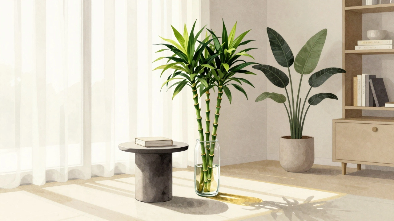 Минималистичная гостиная с бамбуком удачи и денежным деревом в мягком свете.