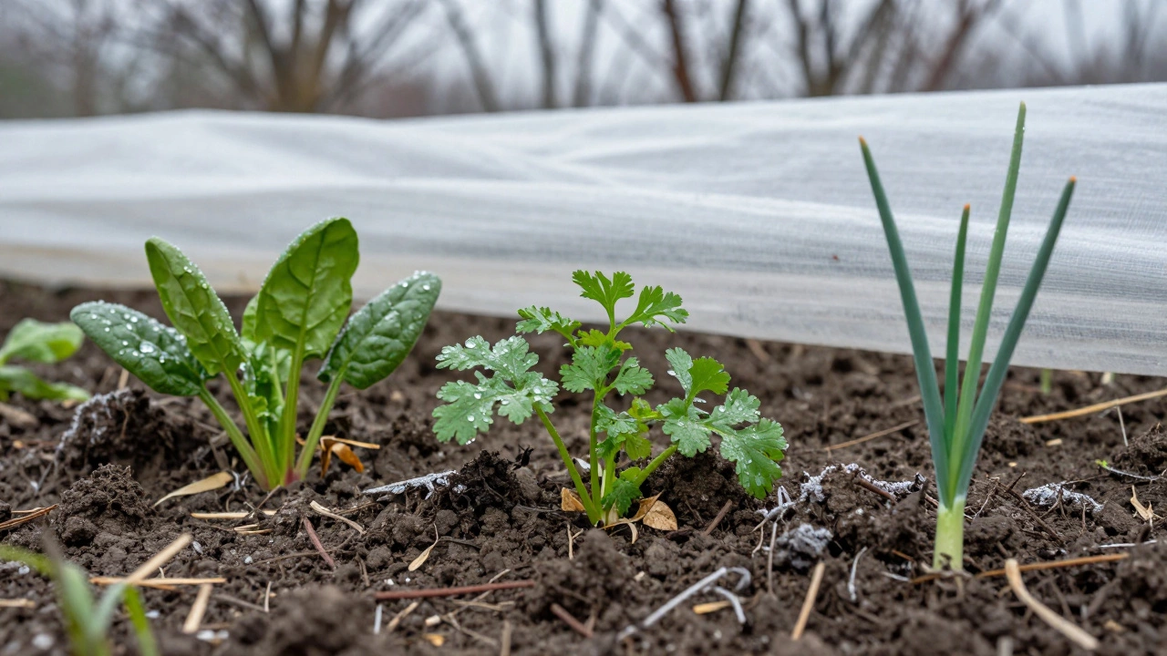 Молодые всходы шпината, укропа и лука-порея пробиваются сквозь лёгкий иней под нетканым покрытием, утренняя роса на листьях.