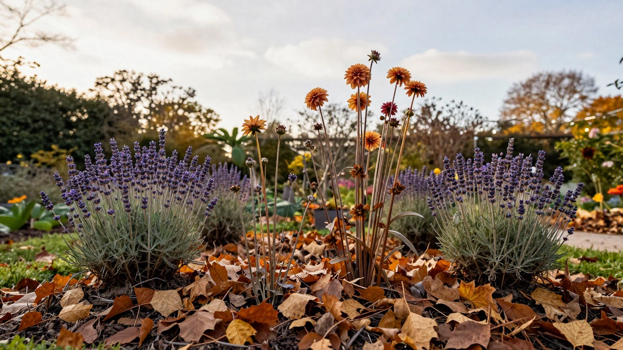 Осенний сад с обрезанными стеблями и листвой как естественным укрытием.