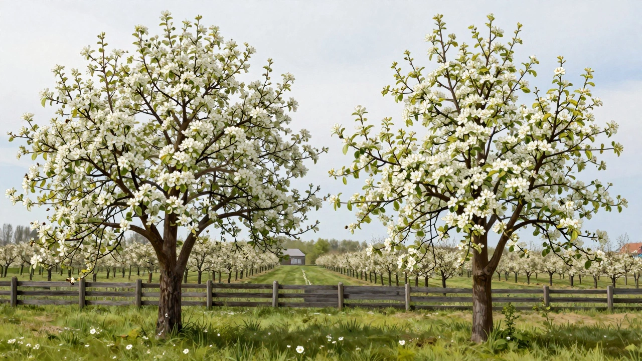 Пчёлы опыляют цветущие яблоню и грушу в саду, сорта с совпадающими сроками цветения.