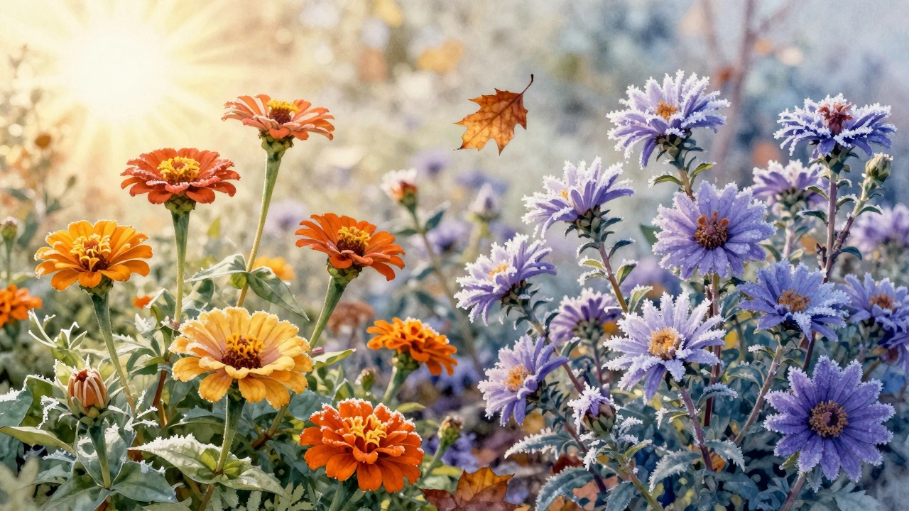 Переход от лета к осени в саду: цветы и первые заморозки на стеблях