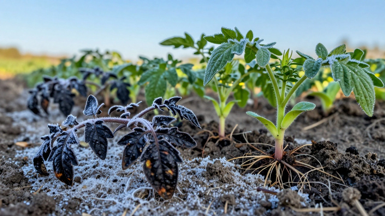 Погибшие рассады томатов на фоне новых побегов хосты — показатель различий в устойчивости растений к морозу.