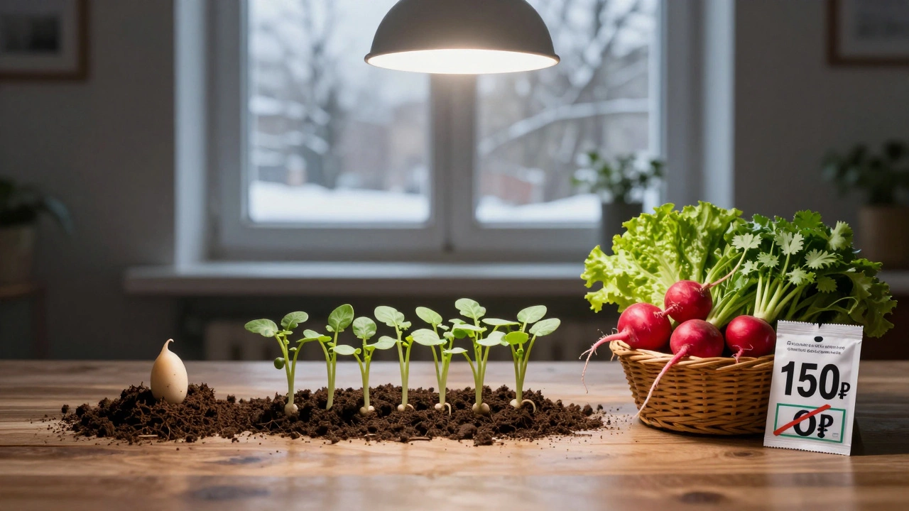 Разделённое изображение: семя редиса превращается в урожай, рядом — пакетик семян и цена магазинного салата.