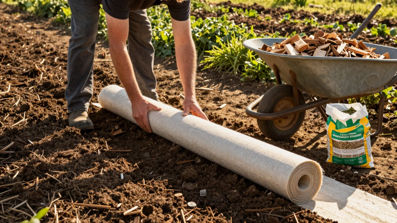 Руки человека раскатывают геотекстиль на очищенной земле, рядом — мульча.