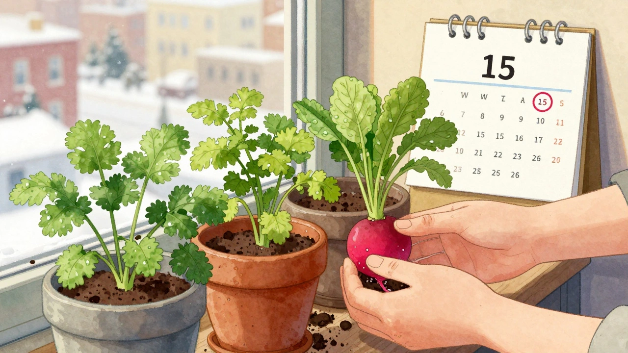 Руки собирают свежую зелень с подоконника, за окном — снег, на стене — календарь с отмеченной датой.