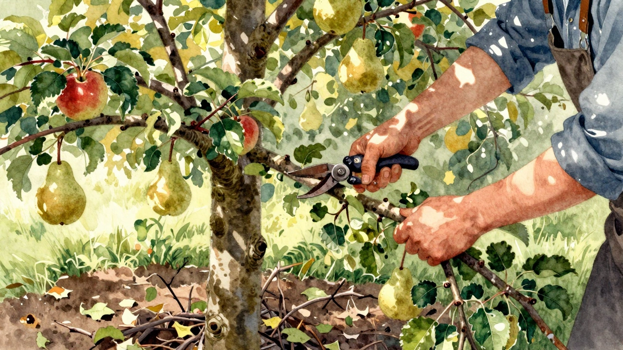 Садовник обрезает ветки яблони и груши, растущих слишком близко, чтобы спасти урожай.