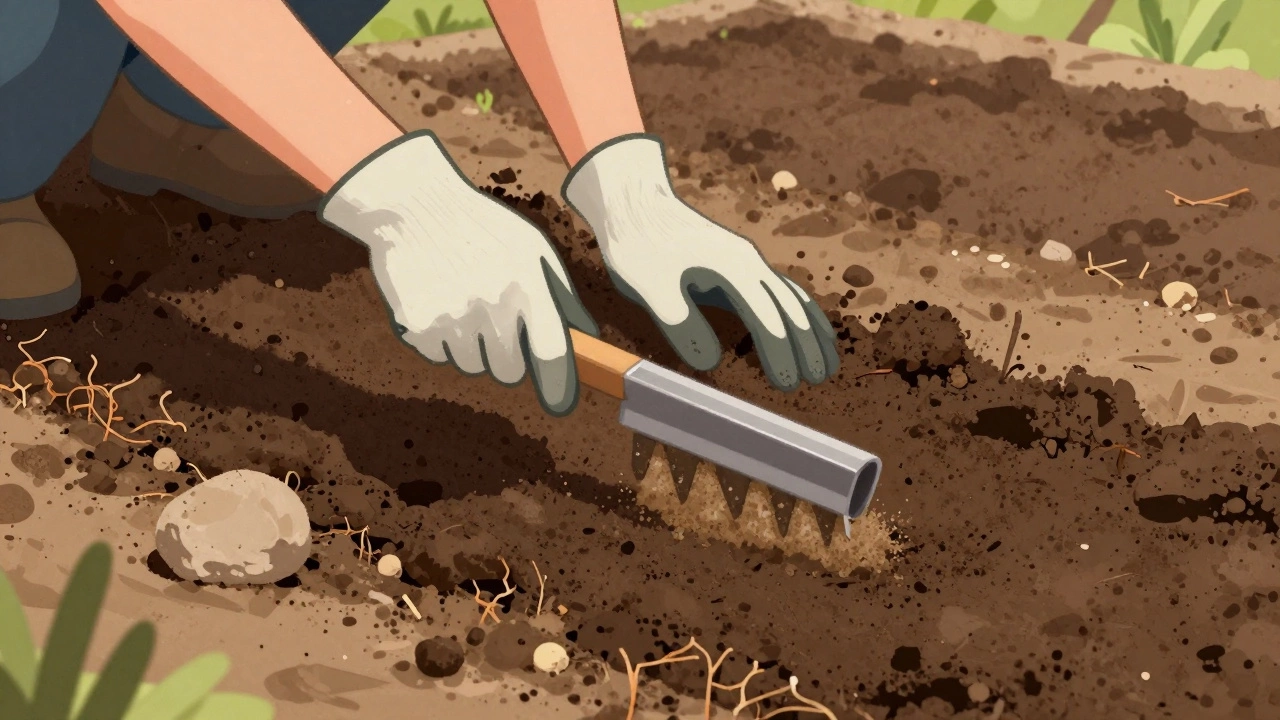 Садовник рыхлит почву и добавляет песок при подготовке