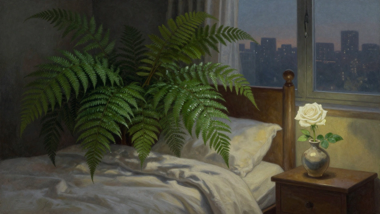 Спальня в сумерках с папоротником и белой розой, атмосфера спокойствия и уюта.