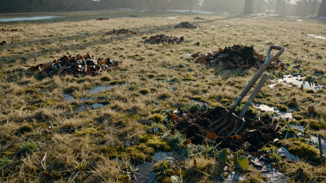 Весной на газоне остались желтые пятна и мох после длительного слоя опавших листьев.