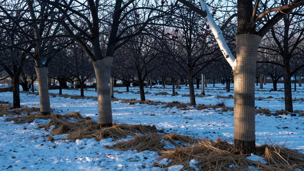 Зимний сад с защищёнными деревьями: мешковина, сетка и мульча на снегу, один ствол побелен, солнечный луч освещает его.