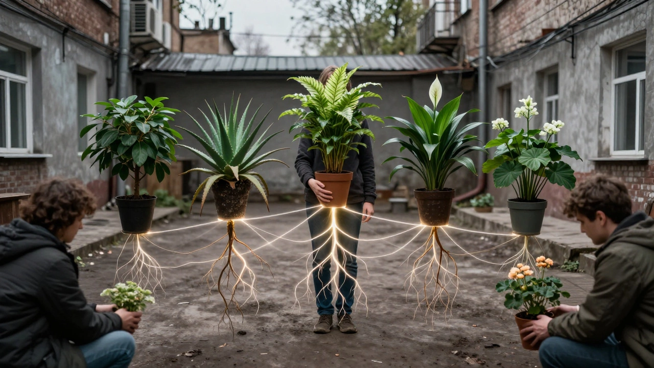 Человек в дворике surrounded пятью растениями, их корни связаны с другими людьми, символизируя сообщество и исцеление.