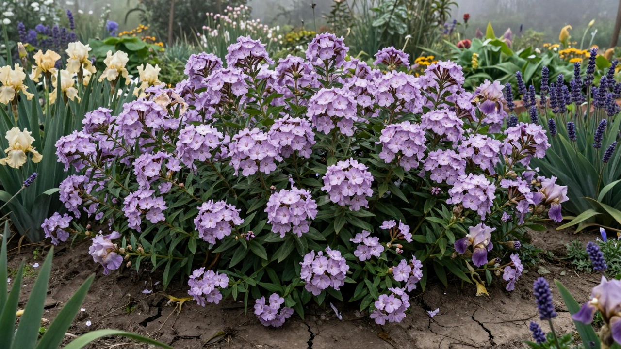 Георгины и флоксы подавляют ирисы и лаванду в переполненной клумбе.