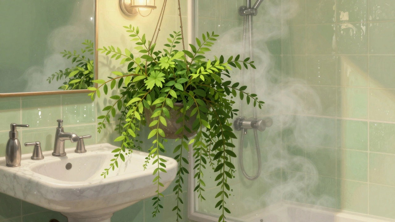 Каллифитус спускается из подвесного горшка в ванной комнате с паром и естественным светом.