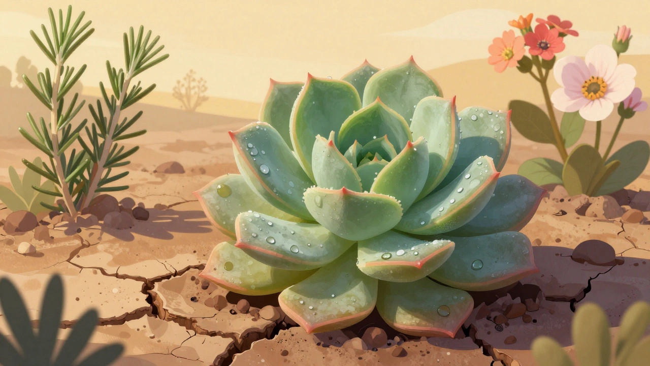 Крупный план сочного листа эхеверии на сухой земле под золотым светом.