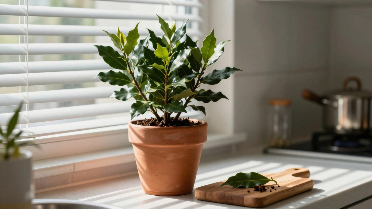 Лавр в горшке у кухонного окна с листом на доске для нарезки и приправами.