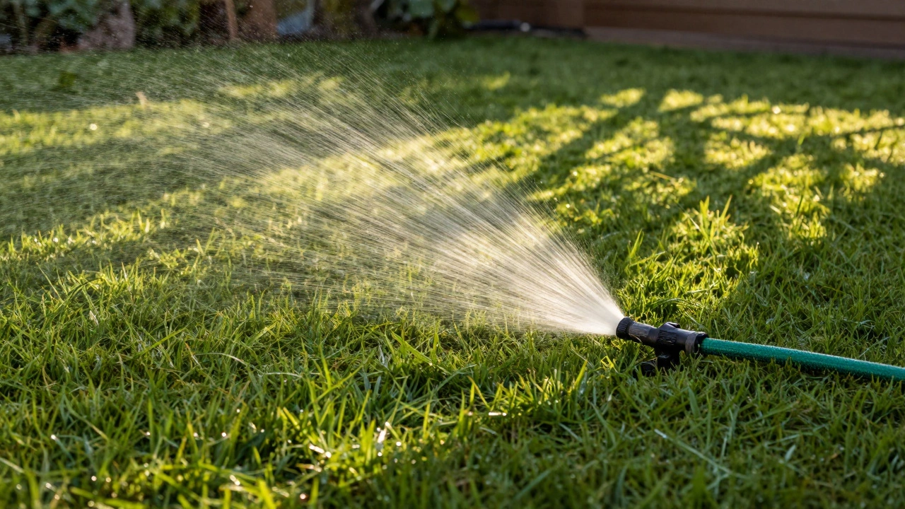 Мягкий полив молодой травы из шланга без напора