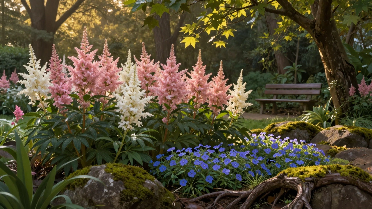 Пышные соцветия астильбы и купены среди мха и корней деревьев в полутени, пастельные тона, умиротворяющая атмосфера.