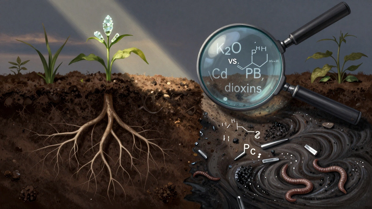 Разрез почвы: слева — здоровая земля с питательными кристаллами, справа — загрязнённая токсинами.