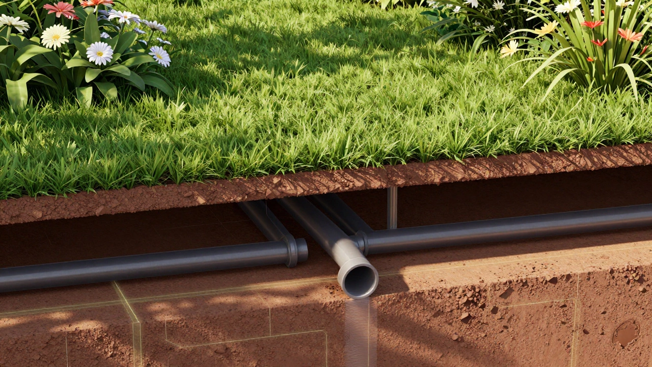 Разрез сада показывающий скрытые системы полива и освещения