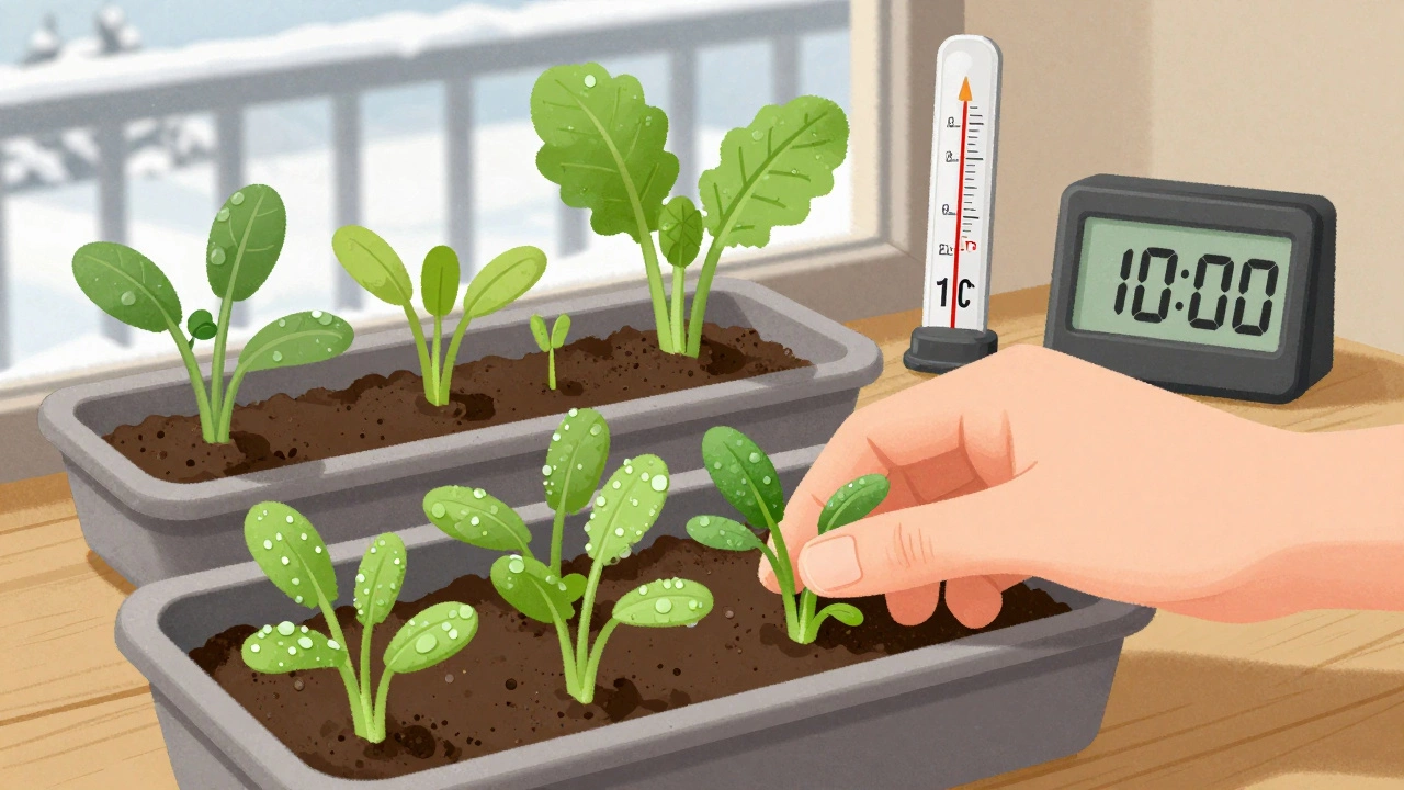 Рука собирает молодые листья горчицы и редиса на подоконнике, за окном снег.