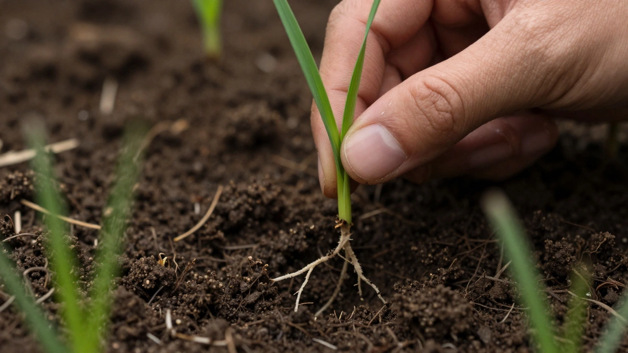 Руки аккуратно проверяют крепость корней травы в грунте